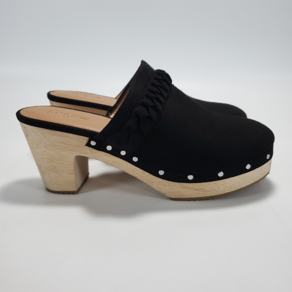 J. Crew Factory Faux Suede Black Clogs With Braid & Stud Details - BJ249